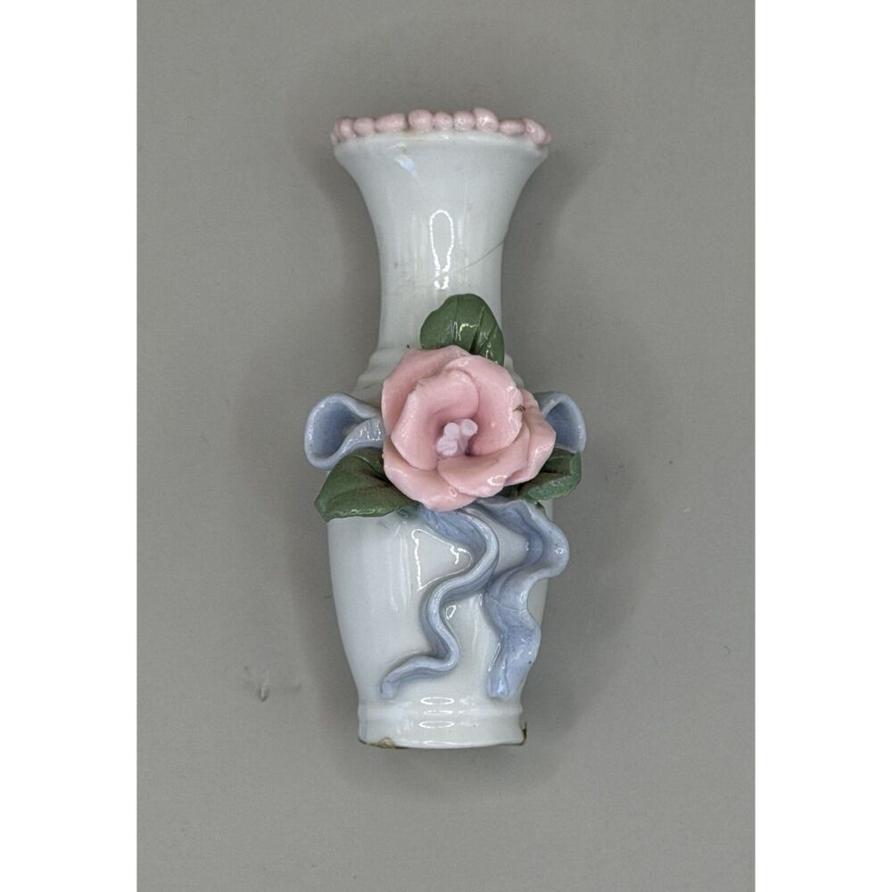 Vintage Enesco Miniature Bud Vase Pink Rose Blue Ribbon 3D Floral China 3"